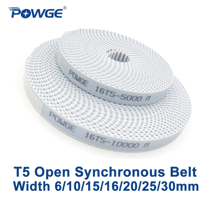 POWGE Trapezoid T5 Open synchronous belt width 6/10/15/16/20/25/30mm Polyurethane steel PU T5 open Timing Belts 3D printer