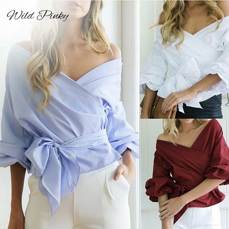 WildPinky Ruched Sleeve Wrap White Blouse Shirt Women Casual Blouse Off Shoulder Plaid Shirt Top V neck Female Bow Sashes Blusas
