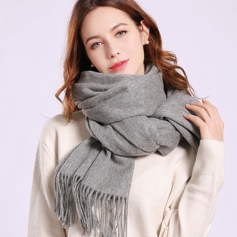 Écharpe en laine Pure Beige pour Femme, longue et épaisse, chaude, châle enveloppant en cachemire, collection hiver, 100%