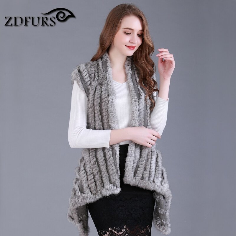ZDFURS-Chaleco de punto de piel de conejo para mujer, suéter con cinturón, venta al por mayor, envío directo