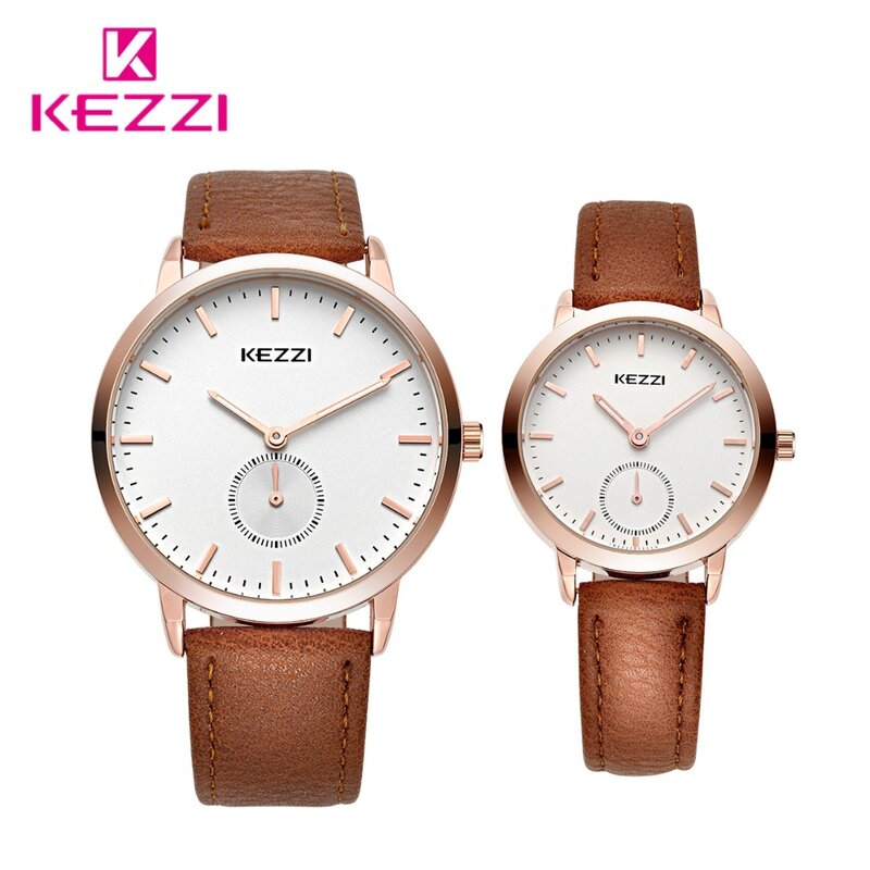 Kezzi-Relojes de pulsera con correa de cuero para hombre y mujer, cronógrafo informal, para pareja