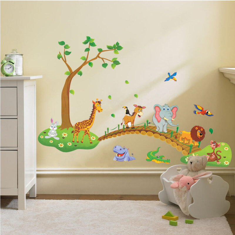 3D Cartoon Jungle dzikie zwierzę drzewo most lew żyrafa słoń ptaki ściana kwiatów naklejki dla dzieci pokój dzienny home decor