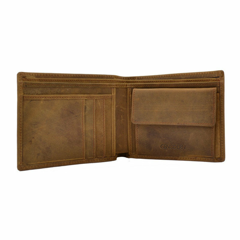 GENODERN-cartera Crazy Horse de cuero genuino para hombre, billetera masculina de estilo italiano, con bolsillo para monedas, color marrón