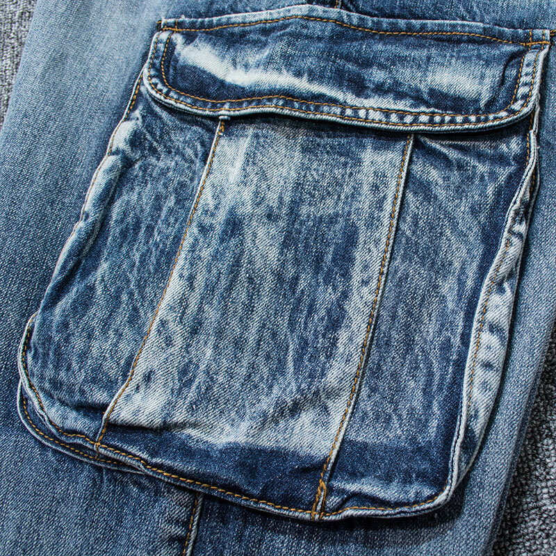 Idopy mannen Cargo Jeans Multi Pockets Hip Hop Stijl Losse Fit Street Designer Vintage Denim Broek Broek Plus Size 30-46