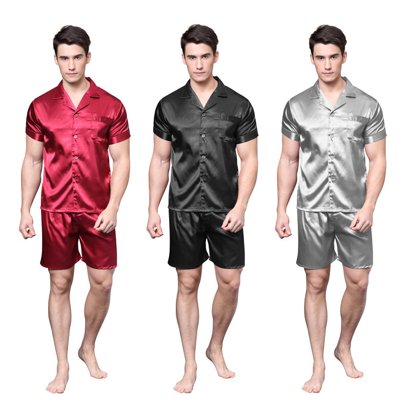 Tony&Candice Satin Silk Pajamas Shorts For Men Rayon Silk Sleepwear Summer Male Pajama Set Soft Nightgown For Men Pyjamas