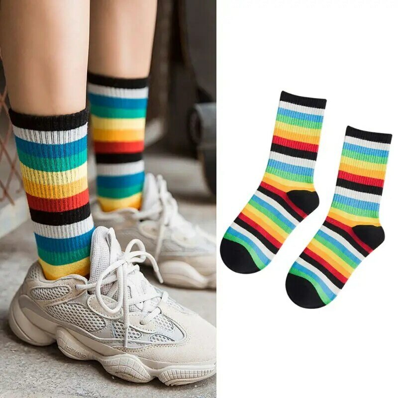 Unisex Teens Contrast Color Rainbow Striped Crew Socks Harajuku Hip-Hop Sports Streetwear Hipster Retro Cotton Long Tube Hosiery