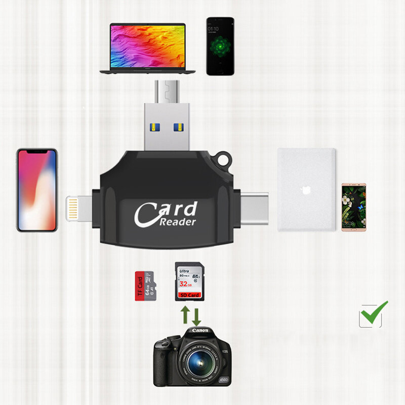 USB C타입 마이크로 SD 카드 리더, USB C타입 OTG, USB 플래시 메모리 가젯, 아이폰 아이패드 맥북 어댑터, SD 리더 라이트닝, 4 in 1