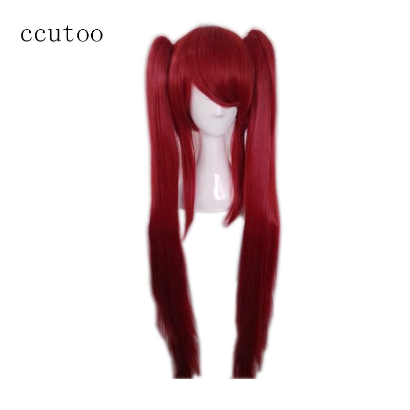 Ccutoo-Peluca de cabello sintético para Cosplay, cabellera larga y recta de color rojo con doble cola de caballo, resistente al calor