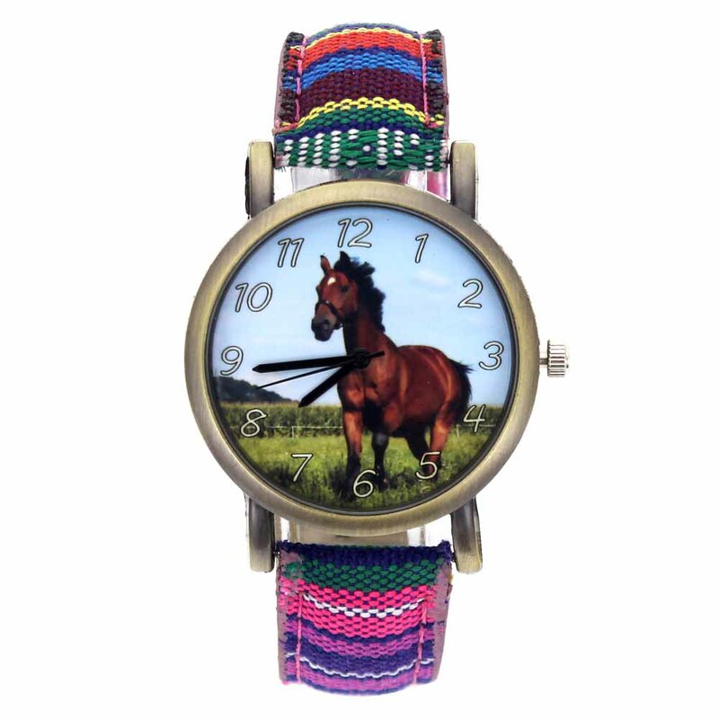 Running Horse Print Dier Eenhoorn Paarden Mode Mannen Vrouwen Strepen Denim Doek Canvas Band Sport Quartz Horloge