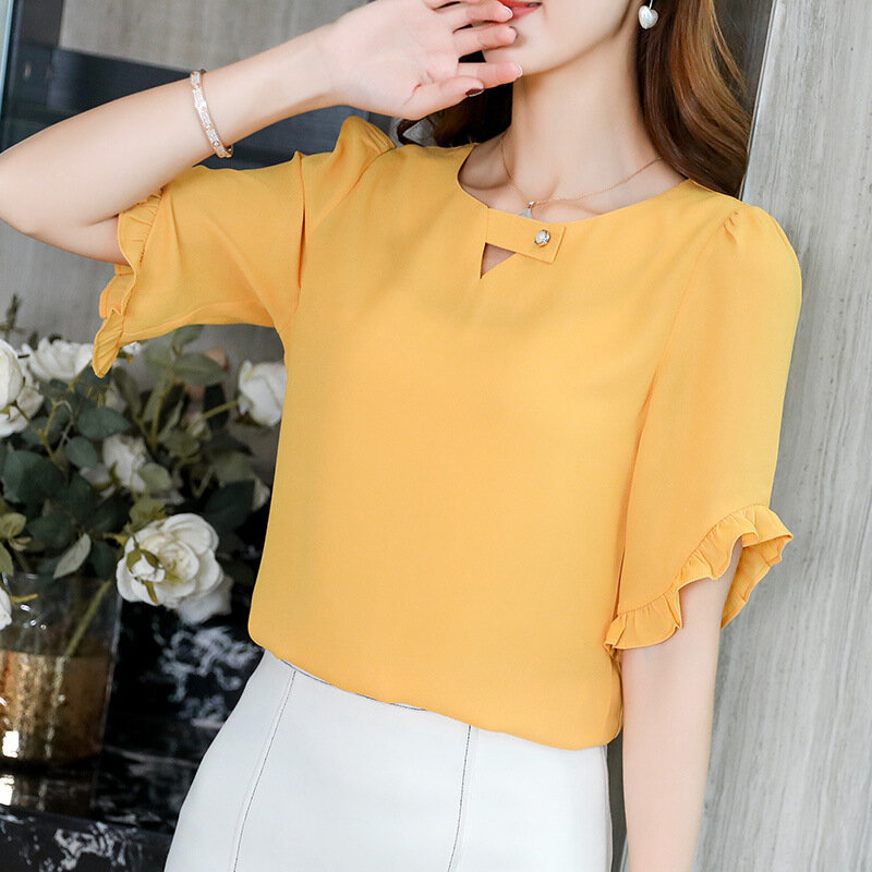 Spring Summer Chiffon Shirt Women's Fashion Pure Color Short Sleeve Thin Top Office Ladies New Korean Leisure Work Blouse H7069