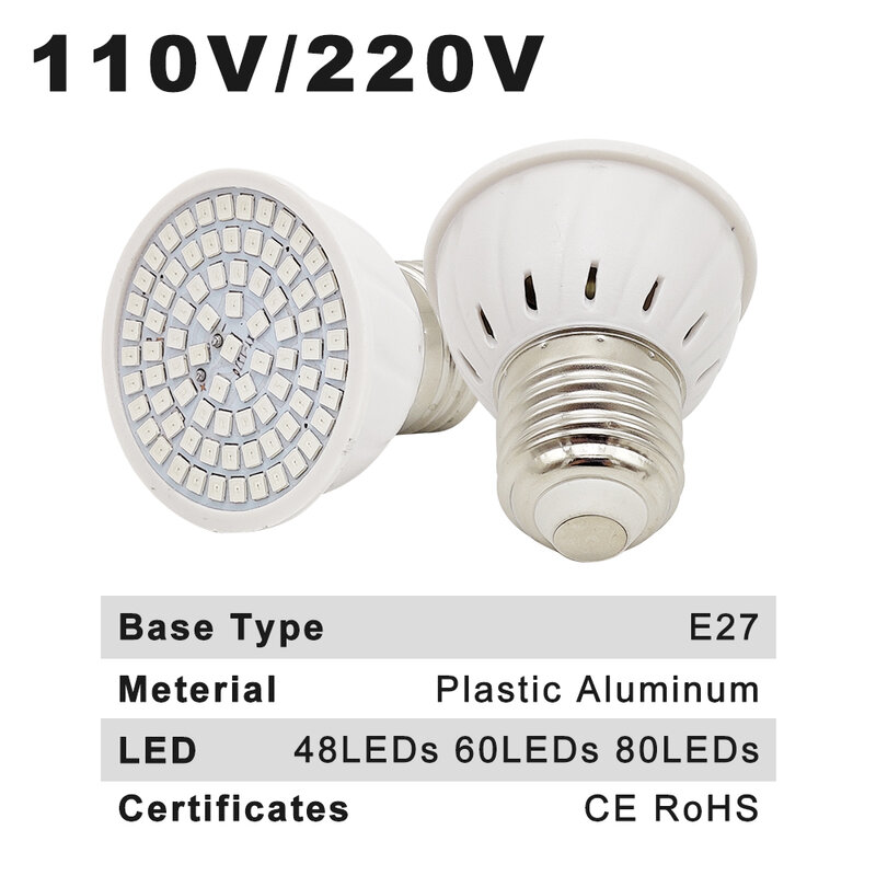 110V 220V Full Spectrum E27 LED Plantengroei Lamp 48 60 80LEDs Groeiende Lamp Voor indoor Tuin Planten Hydrocultuur Groeien