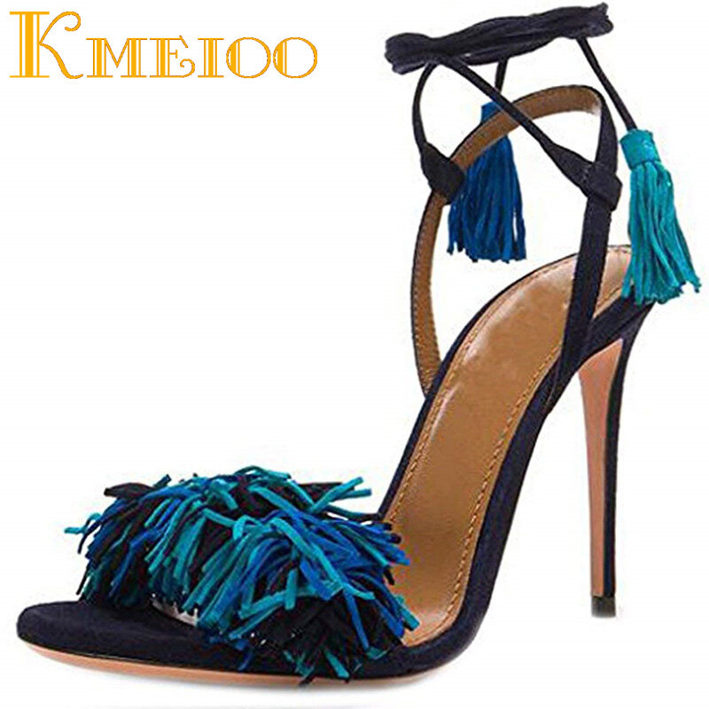 Kmeioo Women Shoes Fringe Sandals Lace Up High Heels Slingback Pumps Ankle Ties Tassels Thin Heels 12CM Dress Shoes