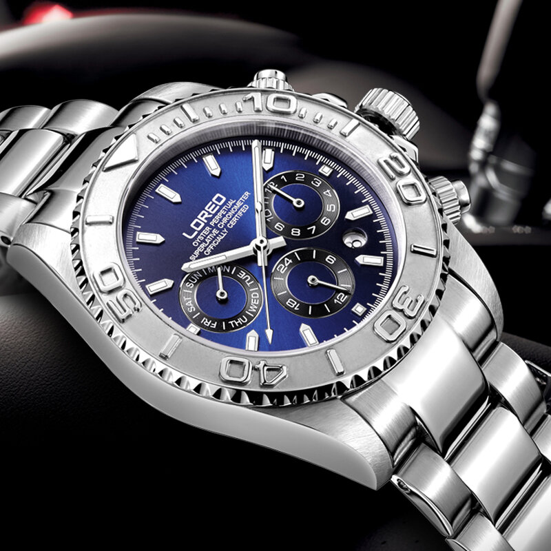 LOREO-Reloj de pulsera para hombre, accesorio de pulsera resistente al agua hasta 200m, de lujo, de alta gama, automático, con espejo de zafiro, calendario luminoso, 24 horas