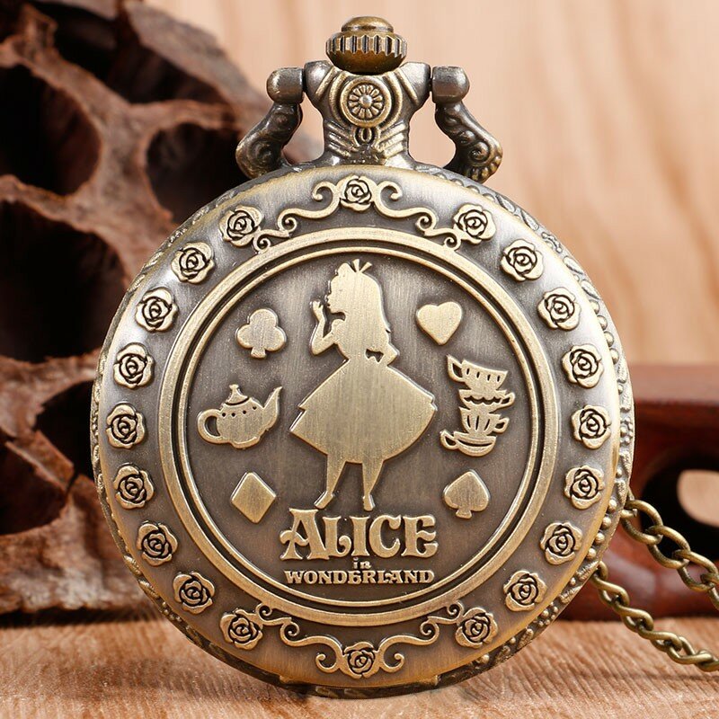Relojes de bolsillo de cuarzo de bronce con tema de Alicia en el país de las Maravillas, relojes Vintage Fob, regalo de cumpleaños de Navidad, novedad