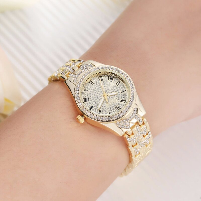 Relógio feminino quartz com cristais de aço inoxidável