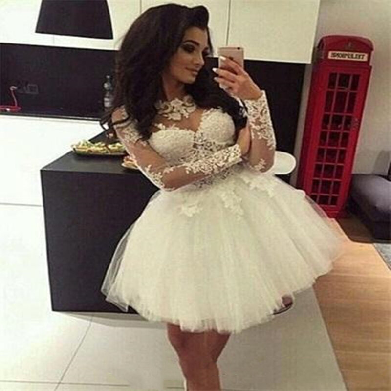 2021 Ball Gown Homecoming Dresses Long Sleeves Sheer Neck Sweet 16 Dresses Pageant Prom Dresses Mini Short Graduation Dress