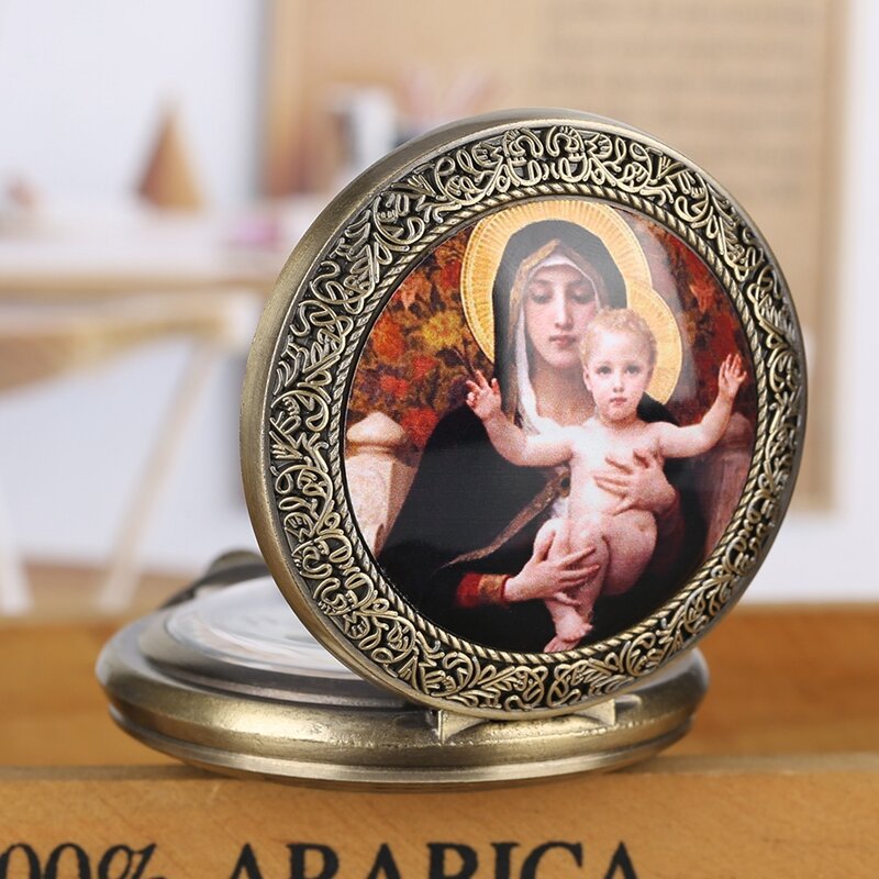 聖母とジェリーのペンダントクォーツ時計,女性と女の子のためのジュエリーネックレス,高級時計,宗教的な贈り物