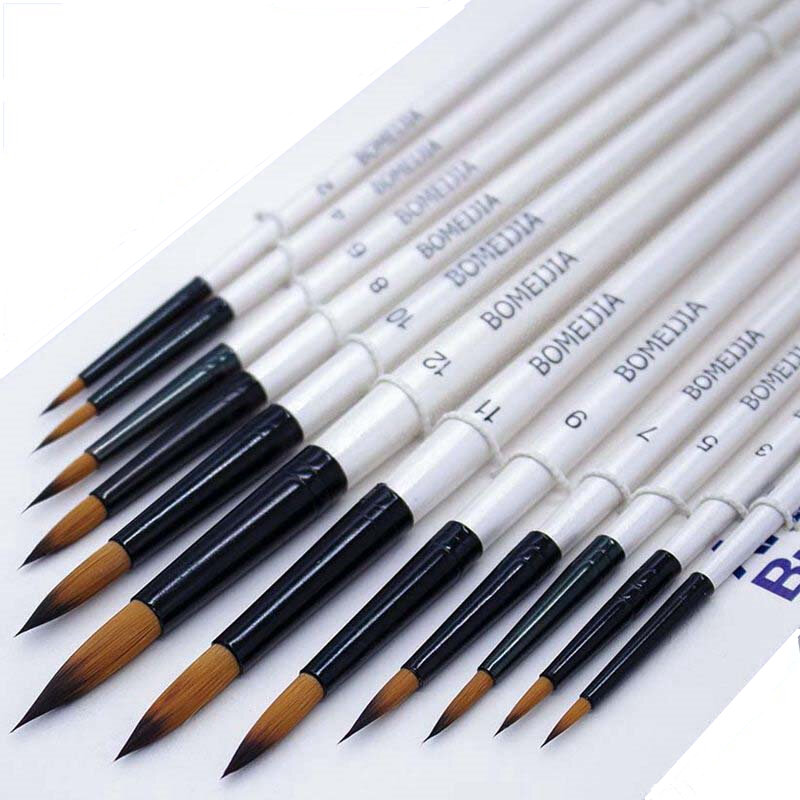 12個ナイロン毛パールホワイト木製ハンドル水彩ペイント筆ペン画アートペイントブラシ用品