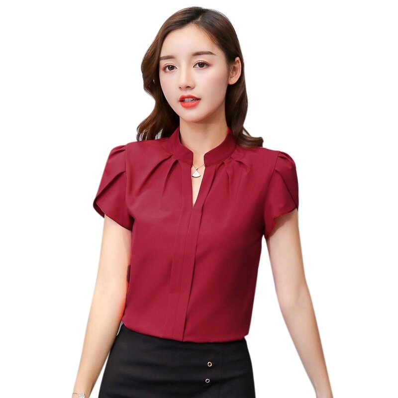 Blusa de chifón con manga corta para mujer, camisa femenina con cuello en V, elegante, Formal, para oficina