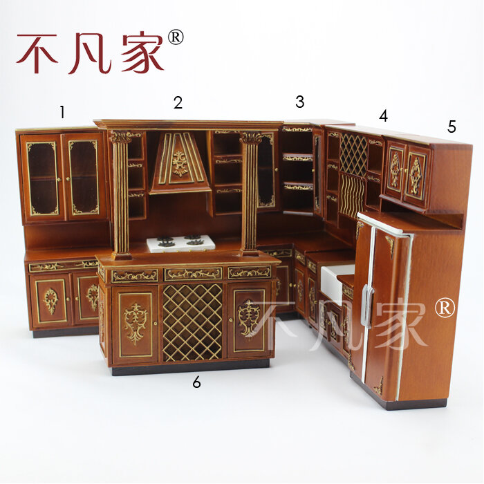 Conjunto de armário de cozinha para casa de bonecas, 1/12 ° escala, móveis em miniatura, de alta qualidade, esculpido à mão