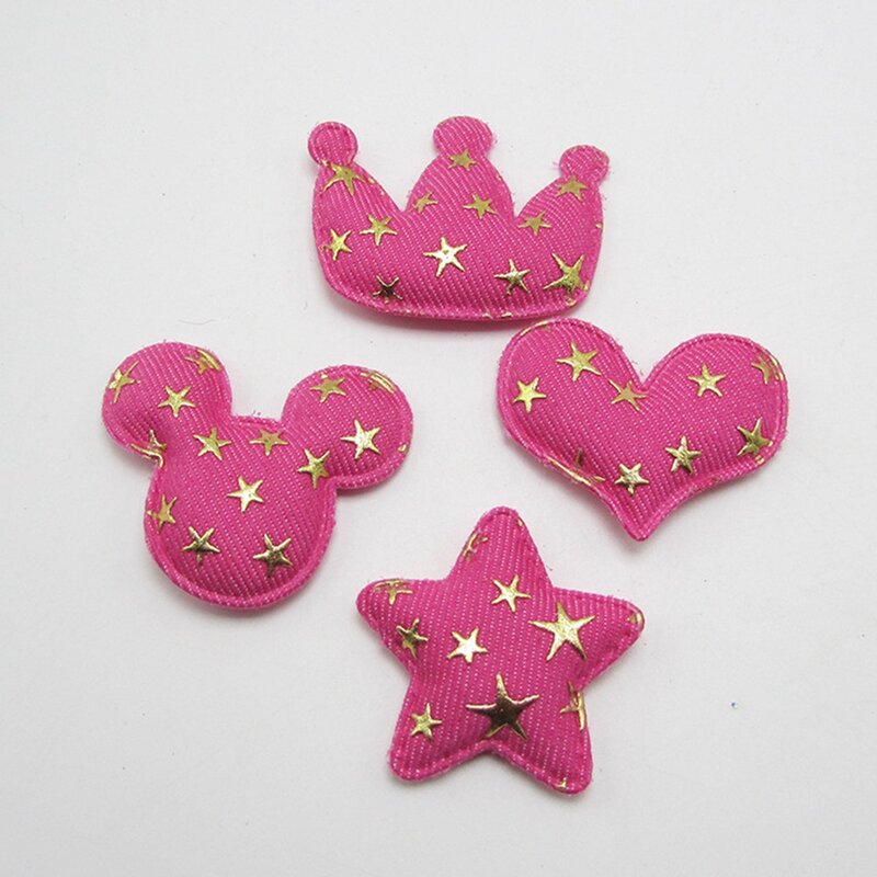 100 Pcs/lot Pink Denim Crown Hati S Empuk Bordiran Kerajinan Tangan dengan Bintang Emas untuk Hiasan Kepala Tas Sepatu Pakaian DIY Aksesoris