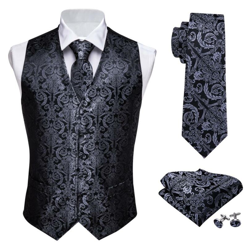 Chaleco de diseño clásico para hombre, ropa de seda de estilo Jacquard con estampado de Cachemira Folral, pañuelo, corbata, traje, conjunto cuadrado de bolsillo, Barry.Wang