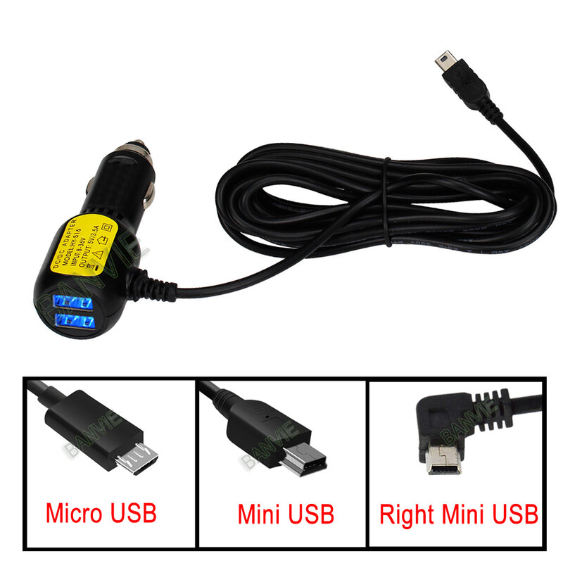 Dual Mini Portas USB Dash Cam Car Cigarette Adapter, Cabo mais leve, Carregador de soquete para DVR, Carregamento do veículo com 3,5 metros, 5V, 3.5A