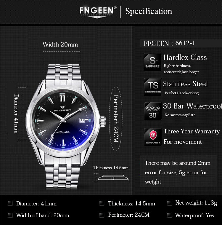 Men Automatic Mechanical Watch Blue Hands With Calendar Date montre homme Waterproof reloj hombre FNGEEN 6612-1