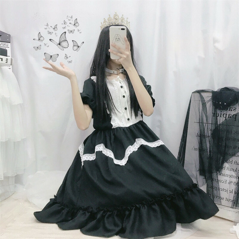 Женское винтажное платье Лолита, мягкое кружевное платье с коротким рукавом, милый костюм для косплея в японском стиле, лето