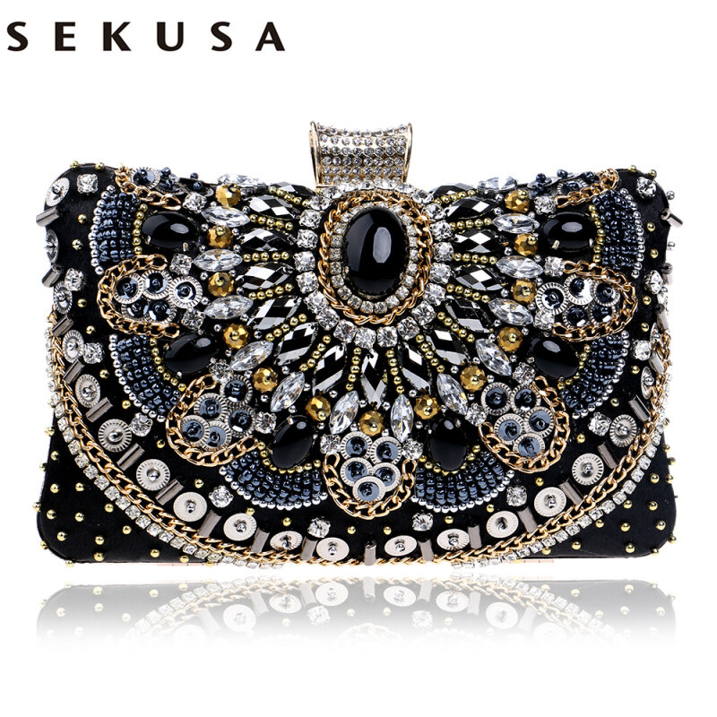 Sekusa Лидер продаж маленький вышитый бисером кошелек элегантный черный Вечерние сумки Свадебная вечеринка клатчем металлической цепью Сумки на плечо