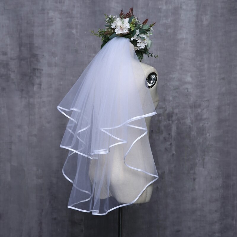 Suknia ślubna dla kobiet welon dwuwarstwowy tiul wstążka krawędź welony ślubne akcesoria
