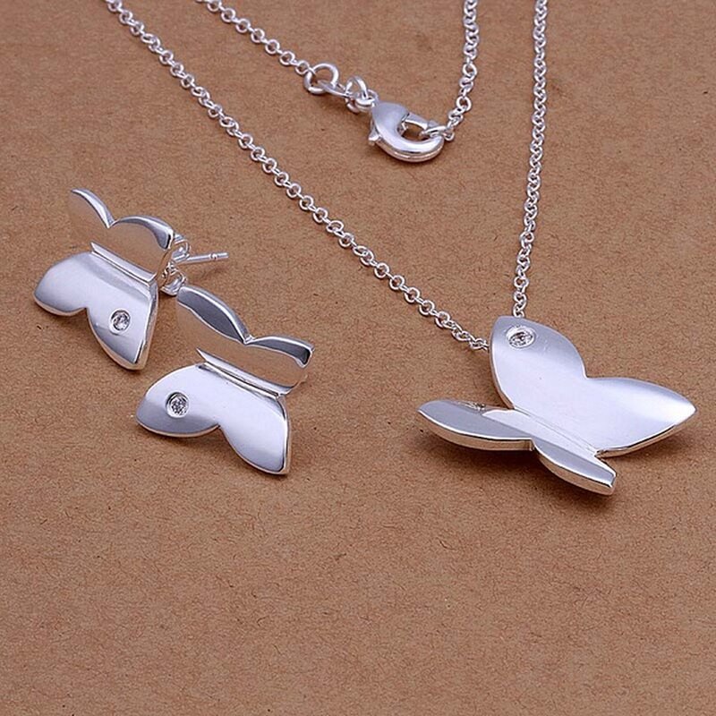 New wedding jewelry Women lady wedding Glossy butterfly pendant necklace Stud Earrings fashion Silver color jewelry Set S349