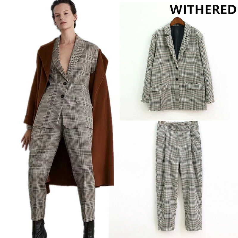 Withered blazer feminino england plaid women blazers and jackets plus size top suit women ensemble femme 2 pieces pantalon tops