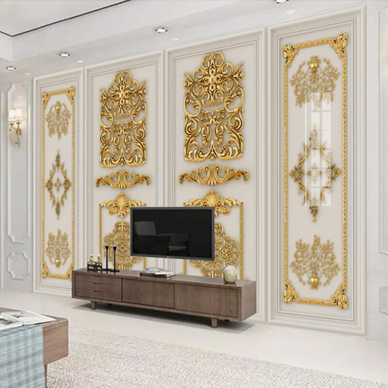 Papel tapiz Mural de flores en relieve dorado estéreo 3D de estilo europeo, sala de estar, TV, sofá, dormitorio, decoración del hogar de lujo, papel de pared para pared