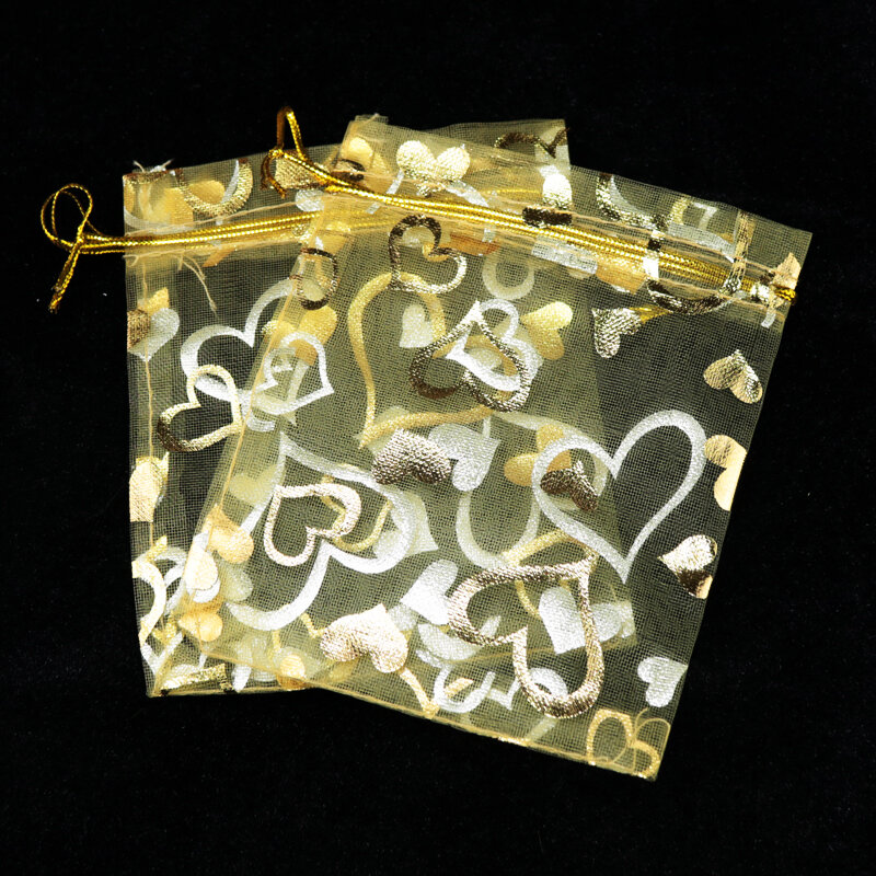 O envio gratuito de 100 pçs/lote multicolorido organza sacos 13x18cm impressão do coração doces jóias exibição embalagem sacos cordão bolsas