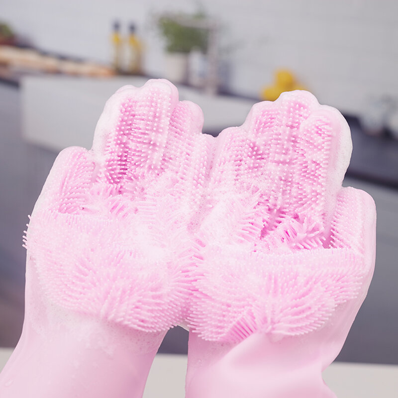 1 Pair Magic Silicone Dish Washing Scrubber Cleaning Gloves Rubber Gloves Heat Resistant Household Kitchen Silicone Gloves