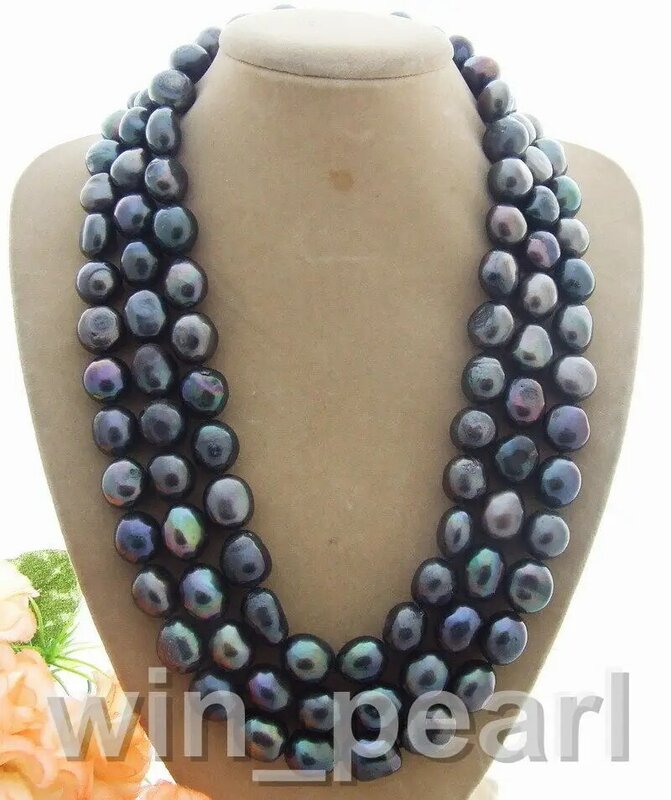 Collar de perlas cultivadas de agua dulce barrocas negras grandes raras, 9-10MM, 50"