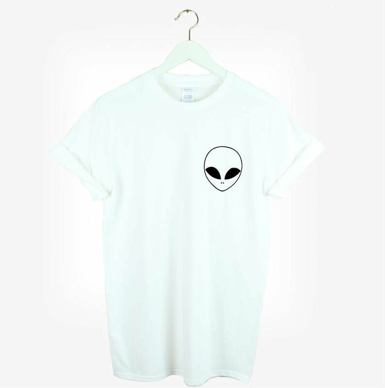 Camiseta Estampada Alienígena POCKET feminina, Camisa Casual para Senhora, Top Preto e Branco, Tamanho Grande Hipster, HH503-454