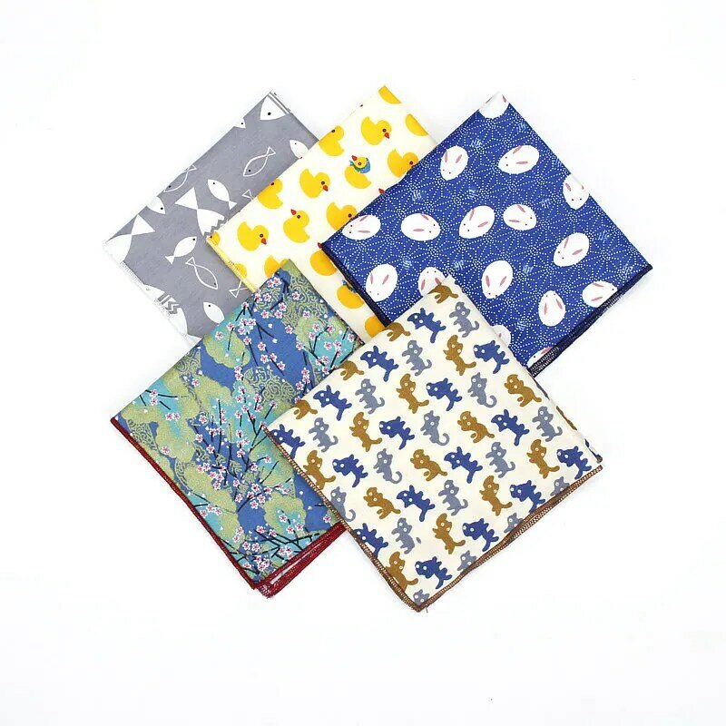 Brand New Men's Sunny Style Cotton Handkerchief Animal Duck Fish Cat Printed Pocket Square Hankies Towel Casual Hanky 25*25cm