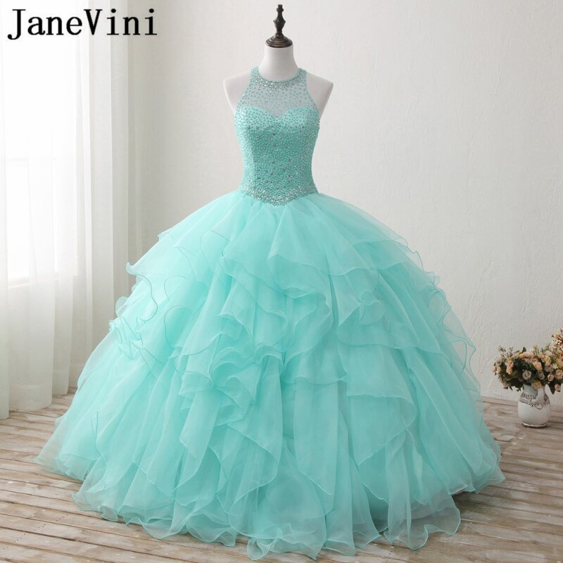 JaneVini Elegante Mint Grün Quinceanera Kleider Plus Größe Ballkleid Oansatz Perlen Backless Organza Bodenlangen Süße 16 Kleider