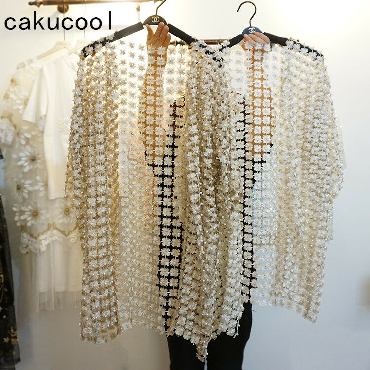 Cakucool New Women Hollow Out Lace Florals Open stitich Summer Sunprotector Loose Pearl Bead Cute Sweet Long Outerwear Cardigans