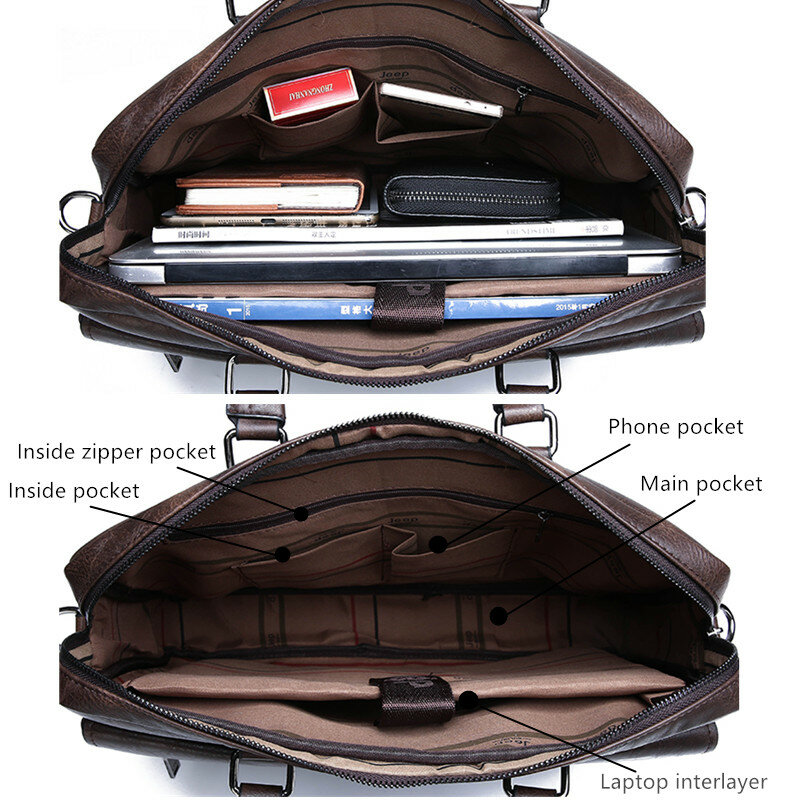 JEEP BULUO herren Business Handtasche Hot Große Kapazität Leder Aktentasche Taschen Für Mann 13,3 zoll Laptop Arbeit Reisetasche schwarz