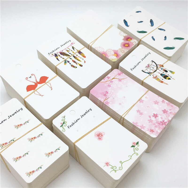 100 pcs 9x5cm rechthoekige verse stijl oorbellen kaart verscheidenheid van bloemen/flamingo print mode sieraden display kaart