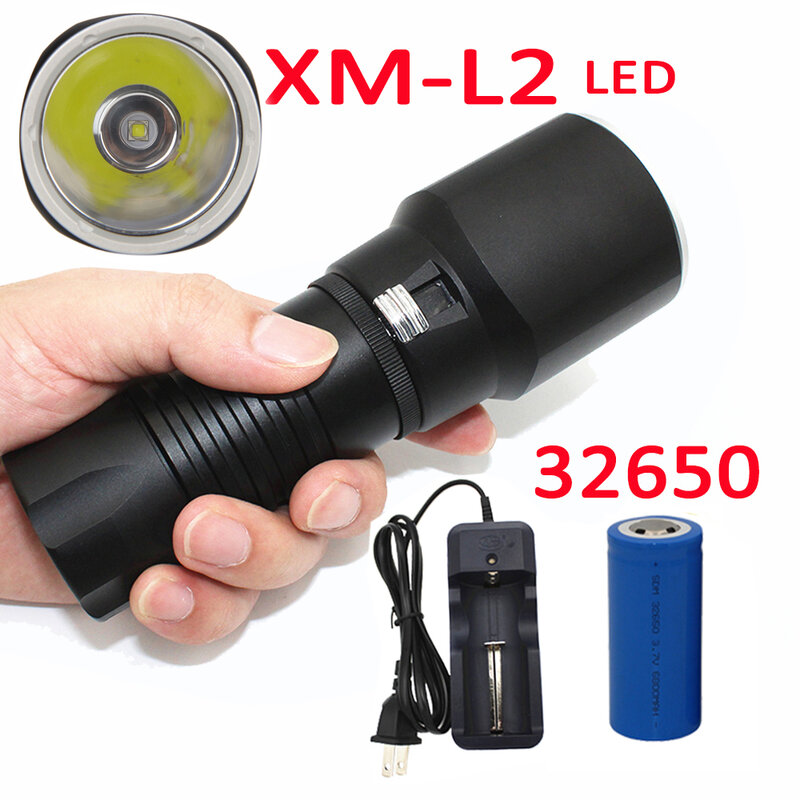 Linterna LED de buceo XM-L2, 1200 lúmenes, subacuática, de aluminio, resistente al agua, con batería de 32650