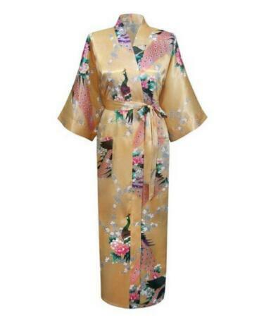 Jubah Panjang Wanita Tiongkok Ukuran Plus XXXL Gaun Mandi Kimono Merak Bunga Cetak Jubah Pernikahan Pengiring Pengantin Pakaian Tidur Seksi