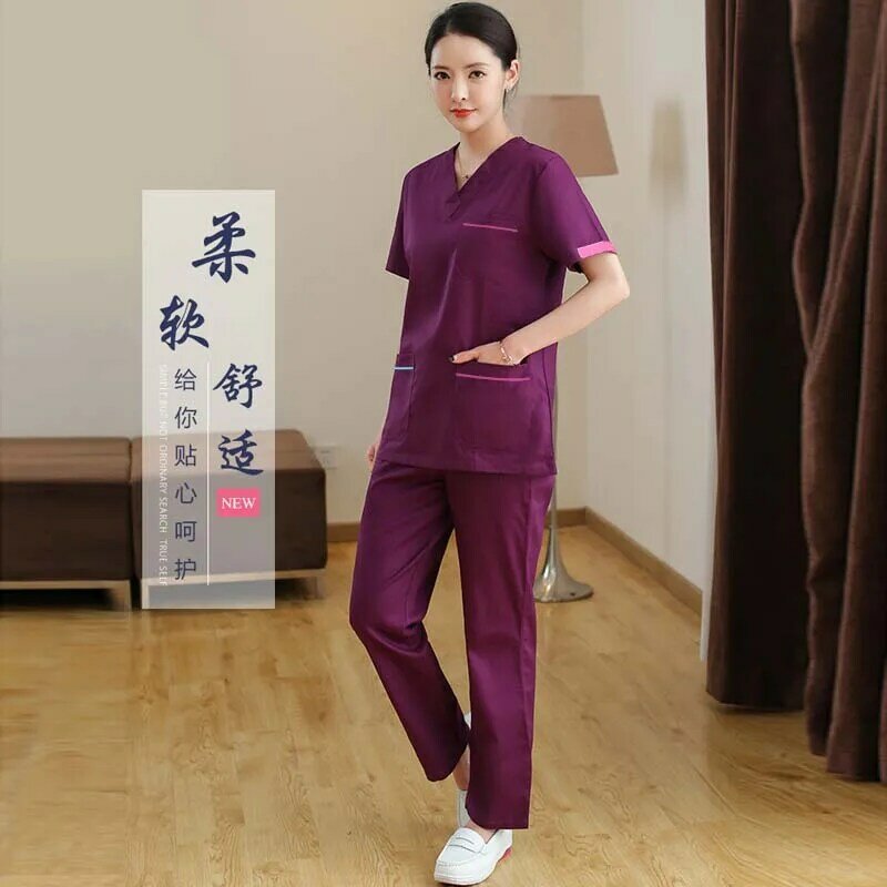 Frauen Mode Medizinische Uniformen Farbe Blockieren V Neck Peeling Top mit Side Vent Reine Baumwolle Chirurgie Scrubs (Nur EIN Hemd)