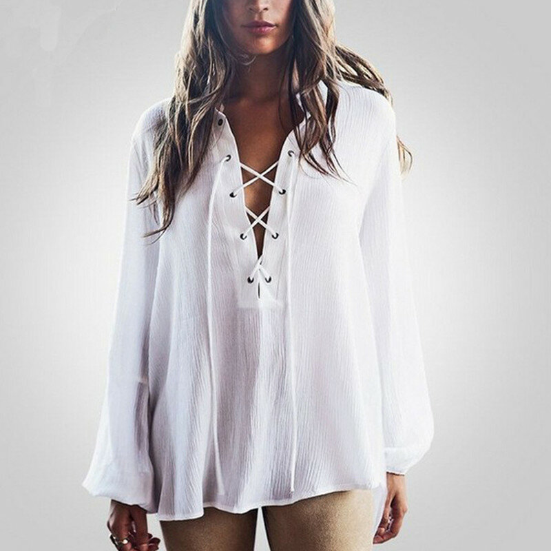 [EL BARCO] 2017 Baru Katun Panjang Chiffon Blouse Kemeja Wanita Blusas Musim Panas Sexy Kotak-kotak Putih Kasual Perempuan Tops Pakaian