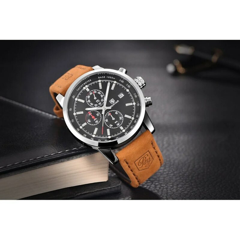Benyar Men's Top Brand Luxury Leather Men's Waterproof Multifunction Quartz Movement Chronograph Calendar Men's Wristwatches