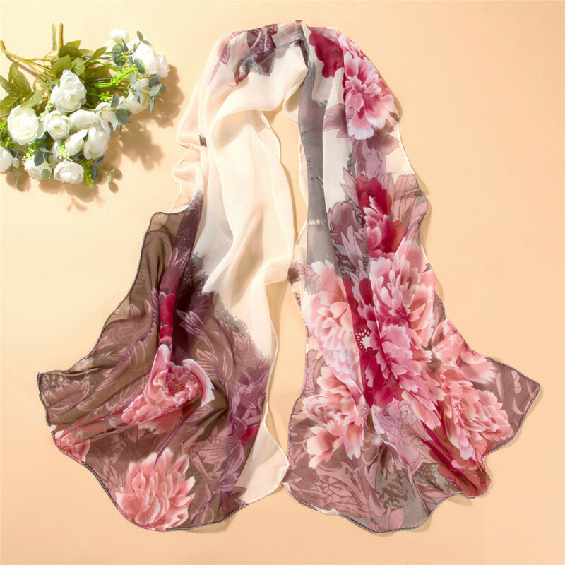 Шелковый шифоновый шарф, разноцветный, с принтом, 160 х60 см