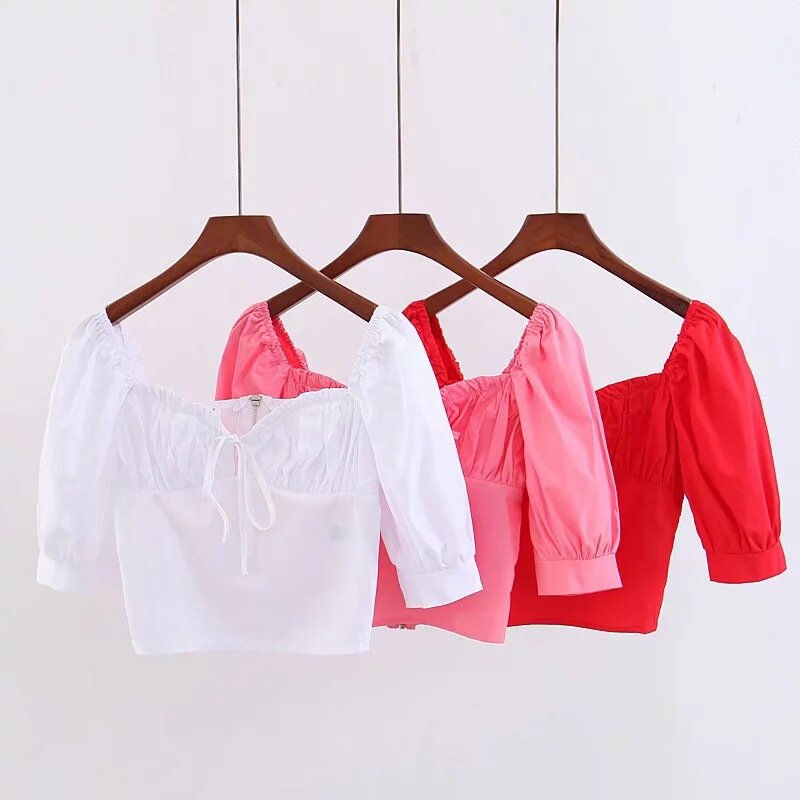 Camiseta de manga corta con cuello en V para mujer blusas de Color puro de primavera y verano para chica Europea americana Casual camisetas dulces H9187